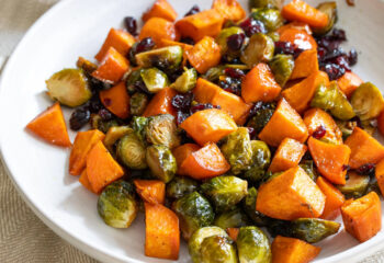 Roasted Brussels Sprouts & Sweet Potatoes with Cranberries