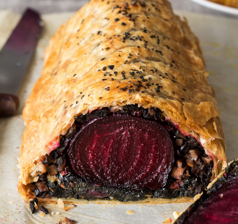 Beet-Wellington Beet Wellington (Chestnut & mushroom Duxelles & Caramelized Onion/Spinach)