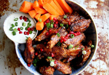 Pomegranate Glazed Chicken Wings with Tahini-Ranch Dressing